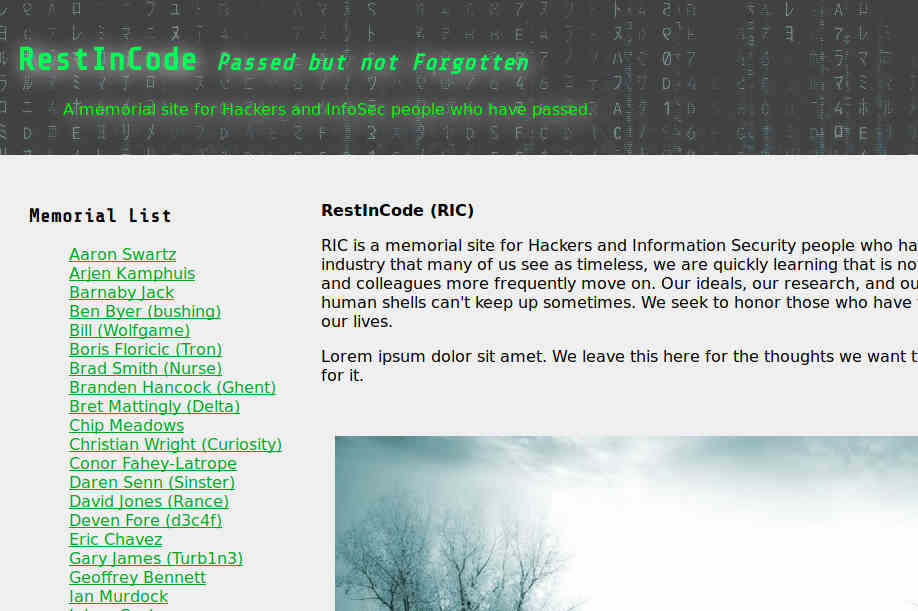 cropped screenshot of Rest In Code homepage