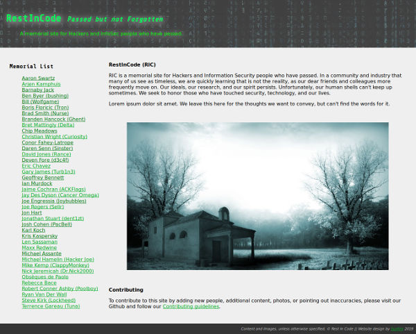Screenshot of the Rest In Code homepage